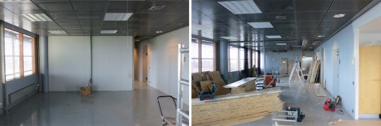 Left: the existing space. Right: after basic demolition. Renovation has begun.