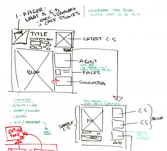 Early website wireframe: "Celebrate this book. People want to be in it."