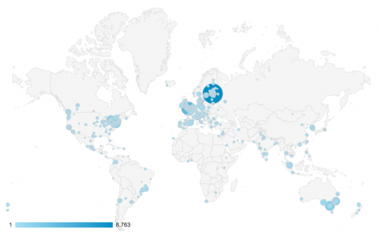 Geographic location of visitors, courtesy of Google Analytics