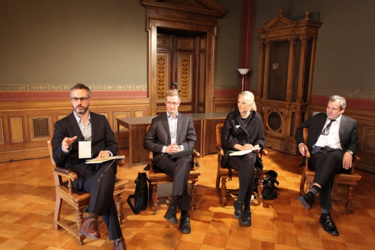 Dan Hill moderates the Sustainability panel discussion with <a href="http://www.orastynkkynen.fi/">Oras Tynkkynen</a>, an MP in Finland; <a href="http://www.demos.fi/demos/node/23">Tuuli Kaskinen</a> of Demos Helsinki; and <a href="http://www.wspenvironmental.com/learnaboutus/viewprofile/peter-sharratt-director-of-sustainability-climate-change-45">Peter Sharratt</a> of WSP.