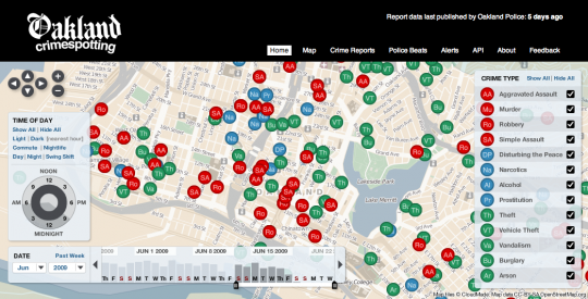 Stamen's Crimespotting: an interactive map of crimes in Oakland, California